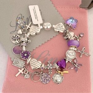 Linx Snake Chain Bracelet with Purple Religious Themed Charms